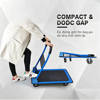 Xe đẩy hàng 4 bánh gấp gọn 300kg Nhập Khẩu Lớp phủ chống gỉ xe kéo hàng xếp gọn bánh cao su tải nặng