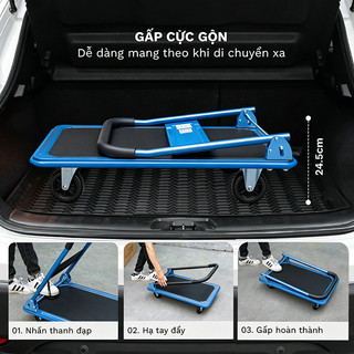Xe đẩy hàng 4 bánh gấp gọn 300kg Nhập Khẩu Lớp phủ chống gỉ xe kéo hàng xếp gọn bánh cao su tải nặng