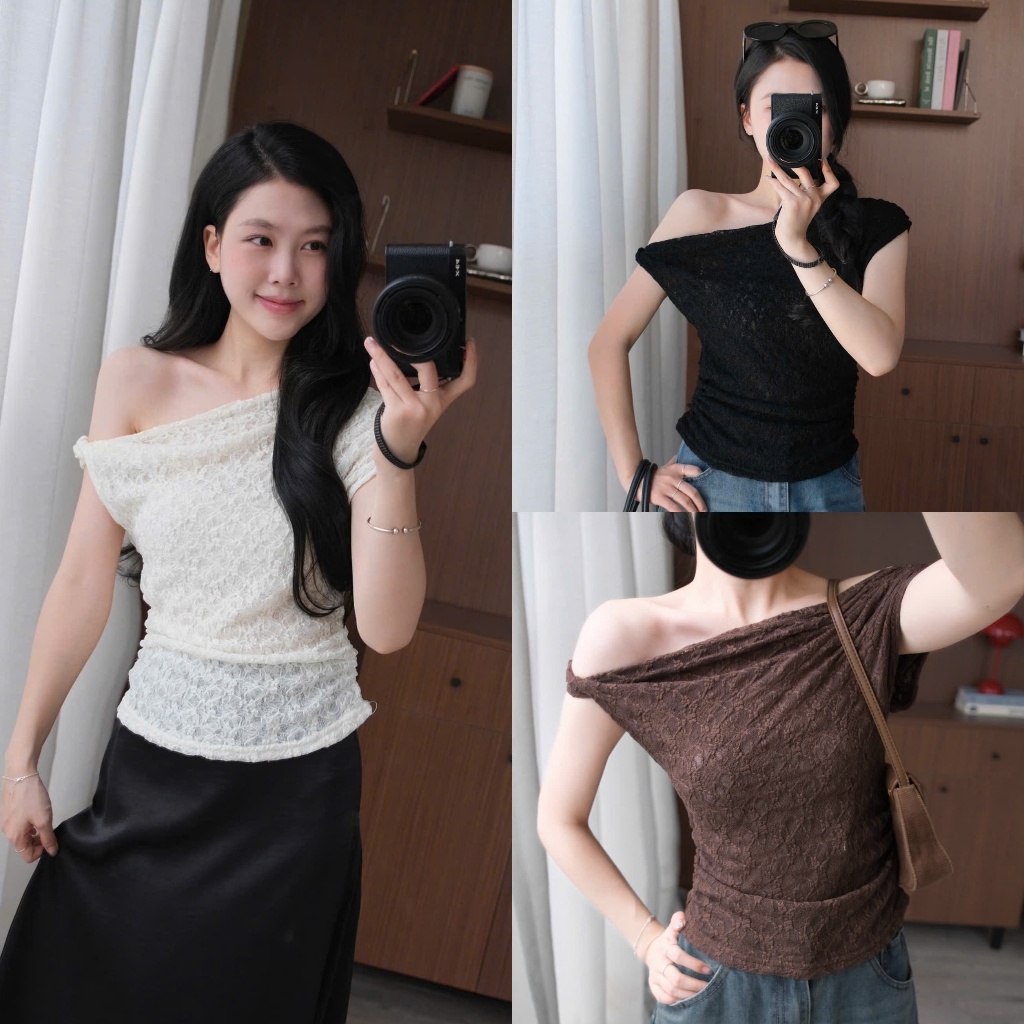 Bona Top (TSW) Áo ren hoạ tiết nhún eo lệch vai Nữ the.sweaterweather