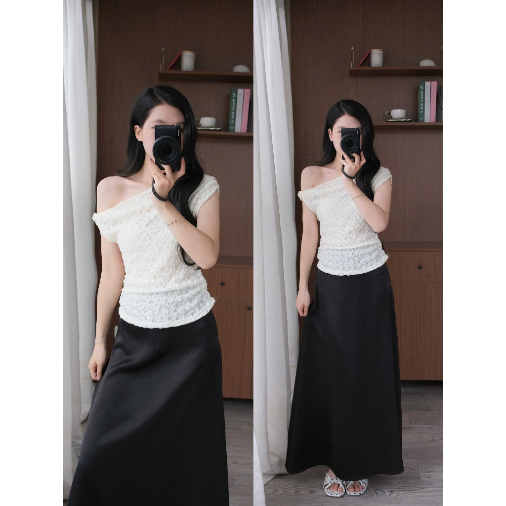Bona Top (TSW) Áo ren hoạ tiết nhún eo lệch vai Nữ the.sweaterweather