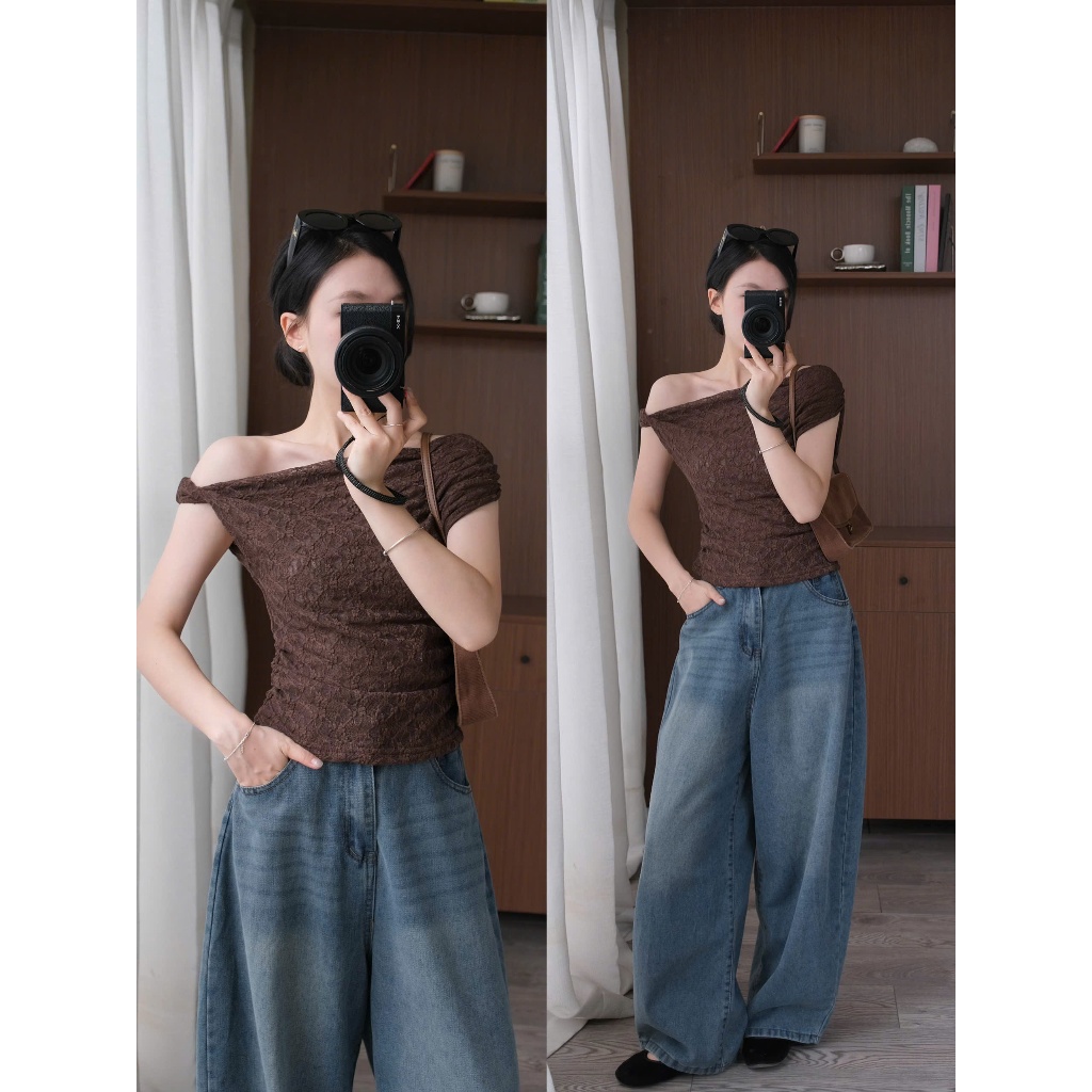 Bona Top (TSW) Áo ren hoạ tiết nhún eo lệch vai Nữ the.sweaterweather