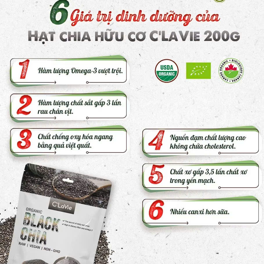Hạt Chia Hữu Cơ C'Lavie 200g. Giàu Omega 3, Chất Xơ Tự Nhiên, Cho Bé Ăn Dặm Và Gia Đình