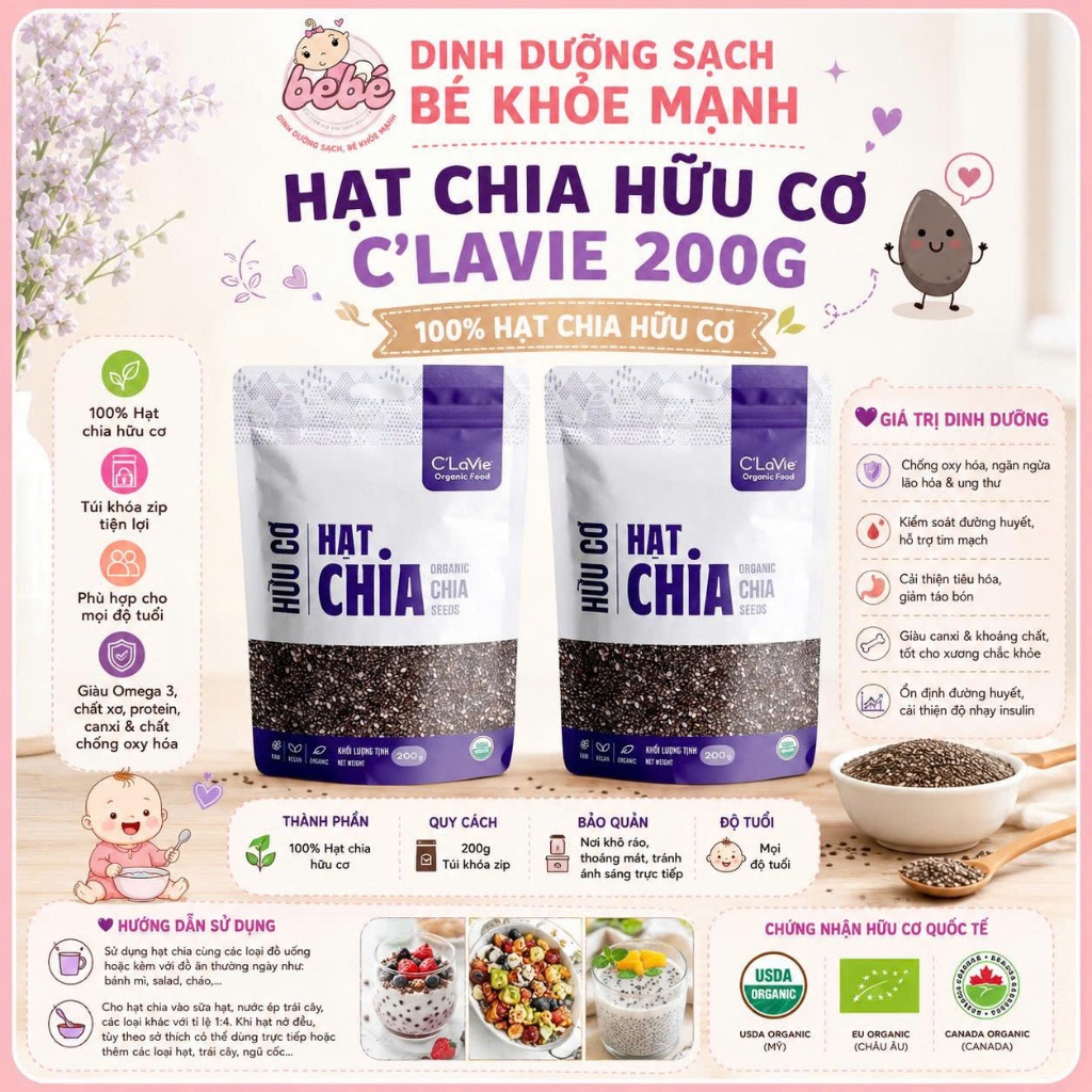 Hạt Chia Hữu Cơ C'Lavie 200g. Giàu Omega 3, Chất Xơ Tự Nhiên, Cho Bé Ăn Dặm Và Gia Đình