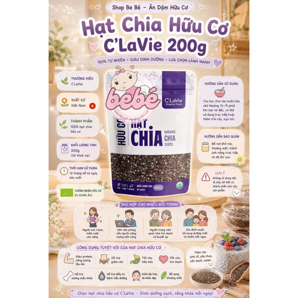 Hạt Chia Hữu Cơ C'Lavie 200g. Giàu Omega 3, Chất Xơ Tự Nhiên, Cho Bé Ăn Dặm Và Gia Đình