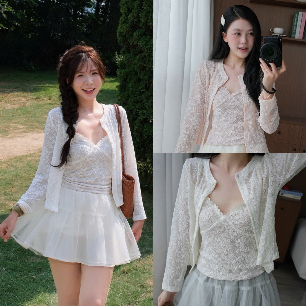 Hàng Loại 1 có size | Nina Set (TSW) Set hoạ tiết ren hoa áo 2 dây kèm áo cardigan Nữ the.sweaterweather