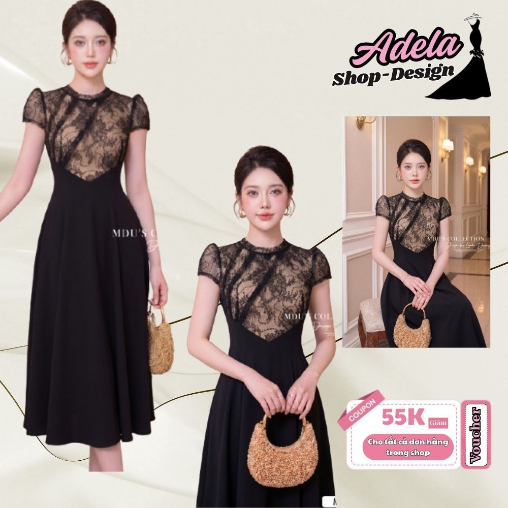 Váy Thiết Kế ADELA DESIGN Ren Hoa Nổi Phối Gold Nhật Sang Trọng Dáng Xòe Thanh Lịch MDU6437