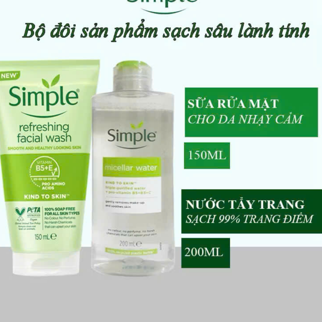 Combo Simple Nước Tẩy Trang 200ml + Sữa Rửa Mặt 150ml Giúp Làm Sạch Da TIỆM MỸ PHẨM XINH