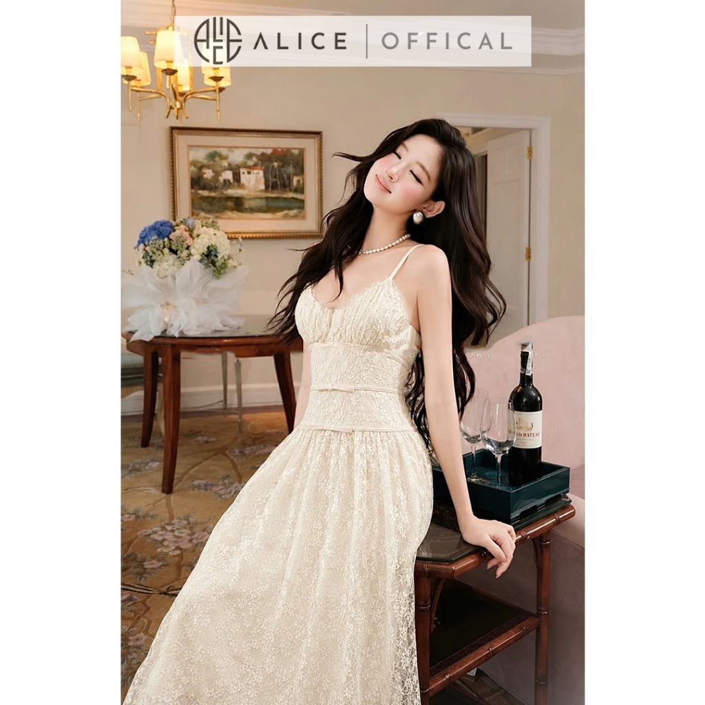Váy Ren Hai Dây Phối Nơ Dáng Dài Đầm Maxi Dự Tiệc aLICE, Đầm Lưng Chun Ôm Phom Tiểu Thư Sang Chảnh T561