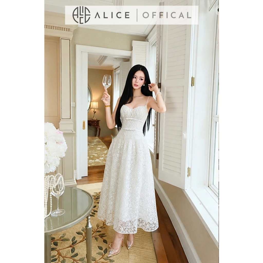 Váy Ren Hai Dây Phối Nơ Dáng Dài Đầm Maxi Dự Tiệc aLICE, Đầm Lưng Chun Ôm Phom Tiểu Thư Sang Chảnh T561
