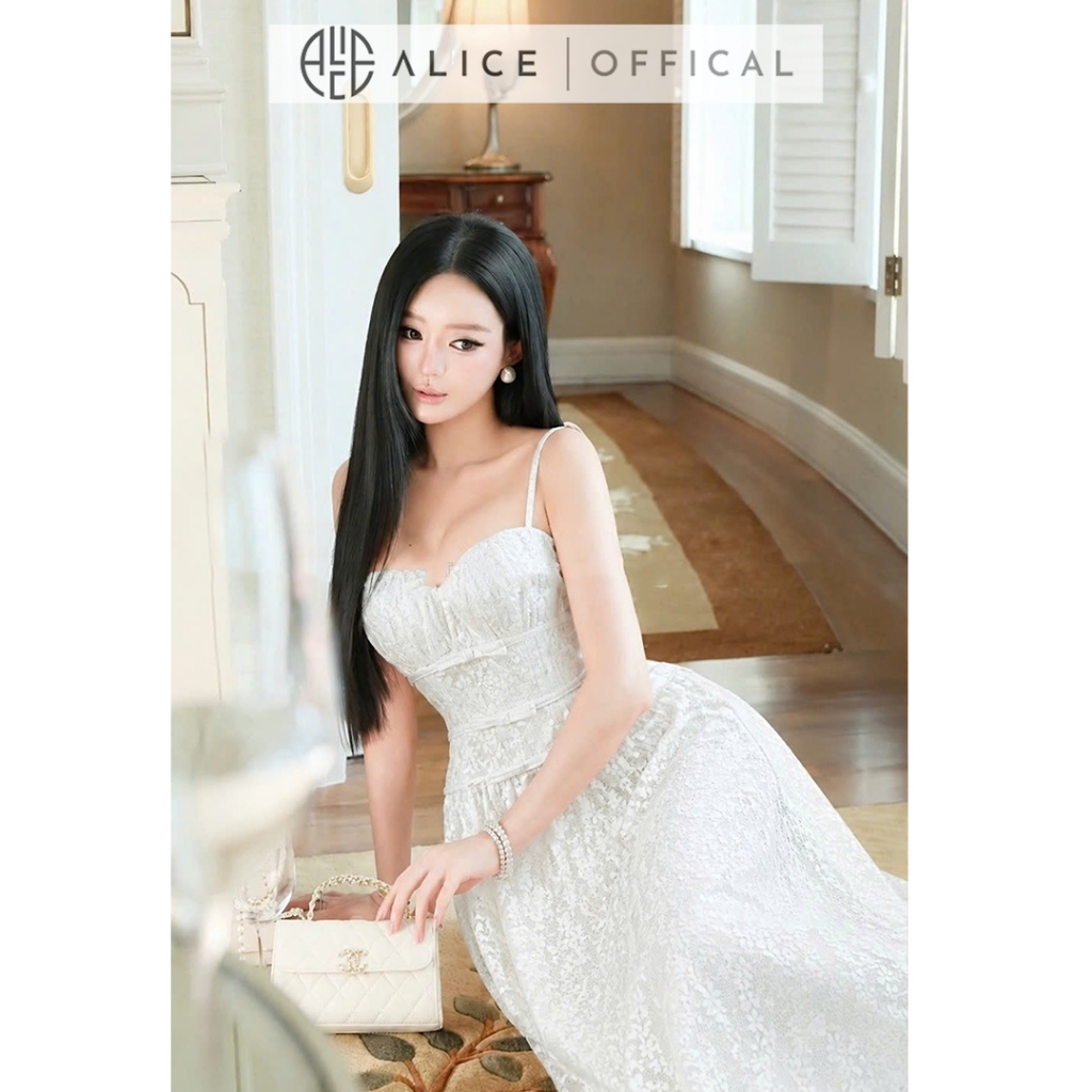 Váy Ren Hai Dây Phối Nơ Dáng Dài Đầm Maxi Dự Tiệc aLICE, Đầm Lưng Chun Ôm Phom Tiểu Thư Sang Chảnh T561