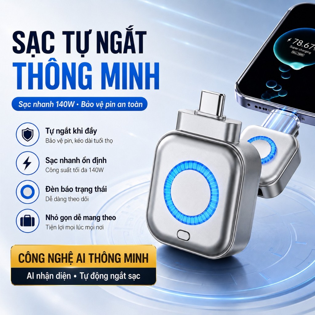 Bộ Ngắt Sạc Vật Lý Thông Minh AI TypeC – Tự Động Ngắt Khi Pin Đầy, Chống Chai Pin Điện Thoại, Sạc Nhanh 140W