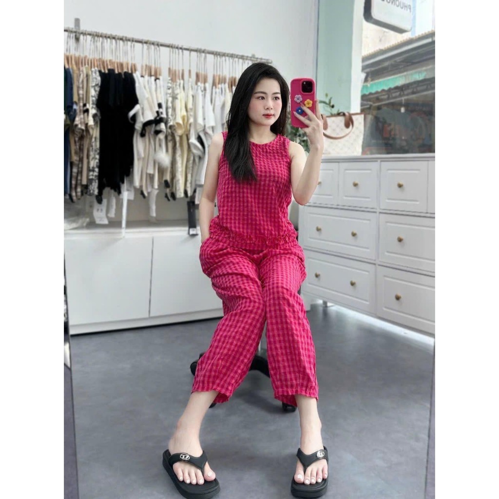 [KHUYẾN MẠI MỞ BÁN] Bộ mặc nhà nữ. bộ kẻ sát nách quần ống rộng chất đũi thô mềm mát