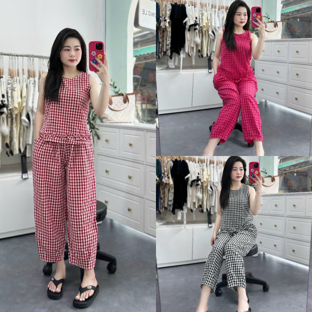 [KHUYẾN MẠI MỞ BÁN] Bộ mặc nhà nữ. bộ kẻ sát nách quần ống rộng chất đũi thô mềm mát