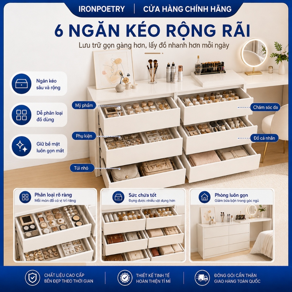 Bàn Trang Điểm 2 Trong 1 Tiết Kiệm Diện Tích Tủ 6 Ngăn Kéo Bàn Rộng 120cm Phù Hợp Phòng Ngủ Nhỏ