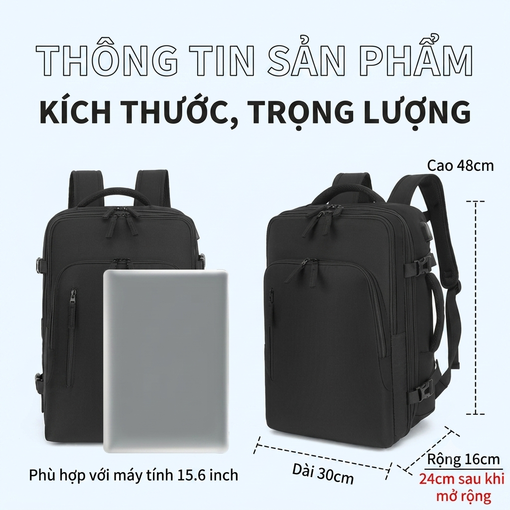 Unisex 30/40L Balo du lịch có thể mở rộng phù hợp cho chuyến bay nhiều ngăn balo công sở đựng laptop kích thước 16inch