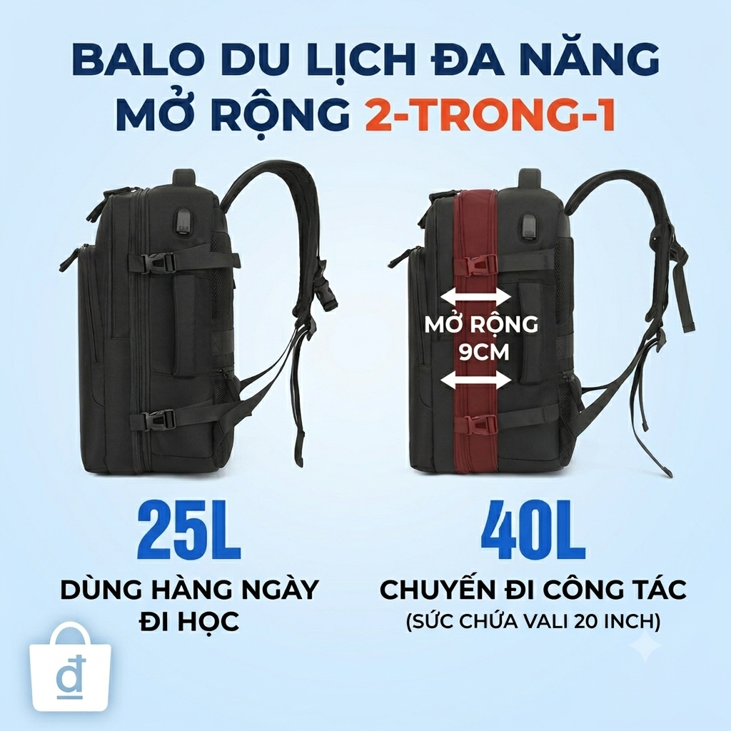 Unisex 30/40L Balo du lịch có thể mở rộng phù hợp cho chuyến bay nhiều ngăn balo công sở đựng laptop kích thước 16inch