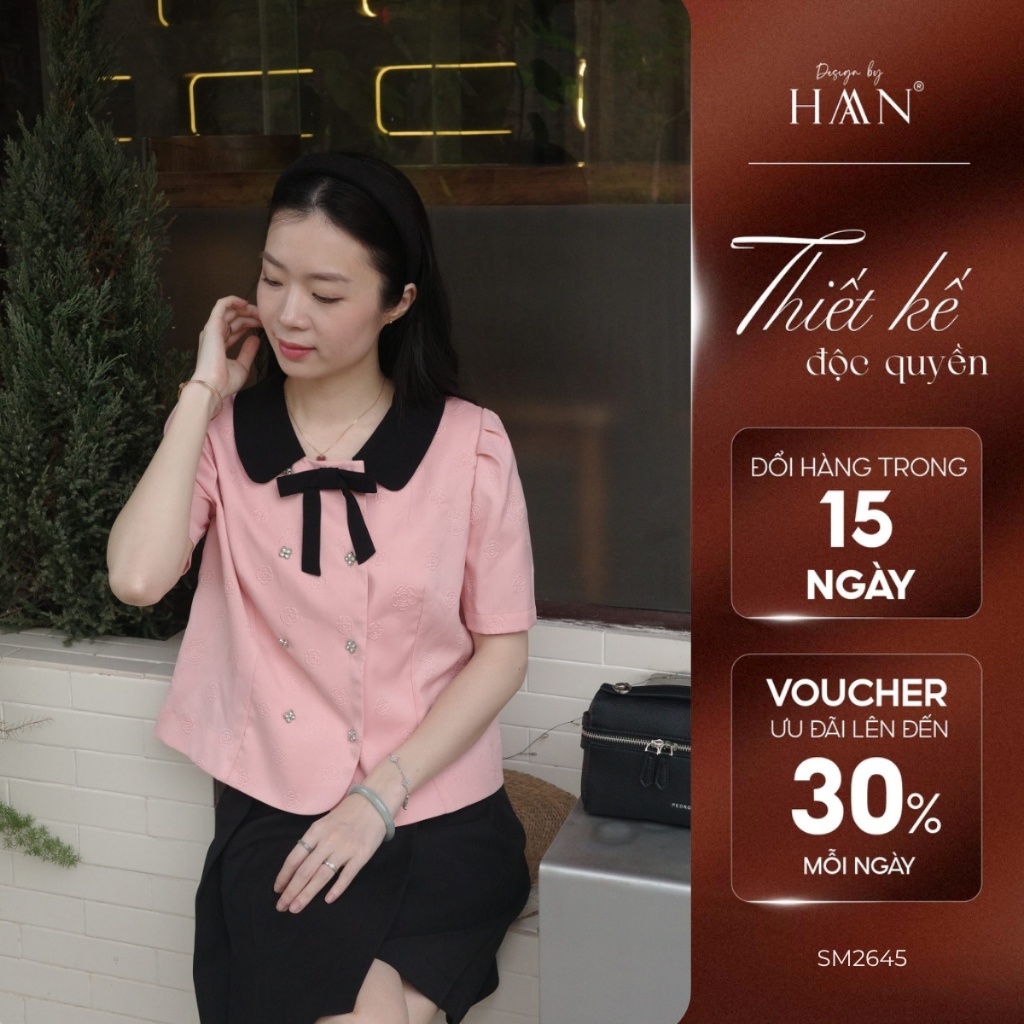 Áo Sơ Mi Công Sở Nữ Ngắn Tay Hoa Trà Cổ Đen Màu Chất Liệu Mềm Mại SM2645 - Màu Hồng/Ghi Xám