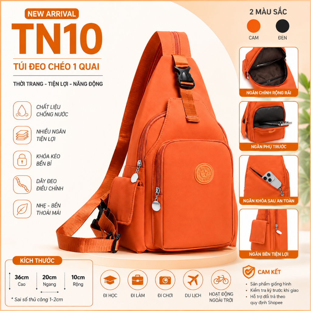 TN10 - Túi Đeo Chéo Nam Nữ Chống Nước Nhiều Ngăn, Balo Đeo 1 Quai Thời Trang Hàn Quốc Đi Học Đi Chơi Du Lịch