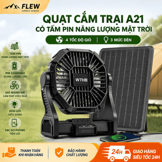 Quạt tích điện cắm trại A21 năng lượng mặt trời 5200mAh, kèm tấm pin, đèn LED 3 mức, 4 tốc độ, sạc điện thoại khẩn cấp