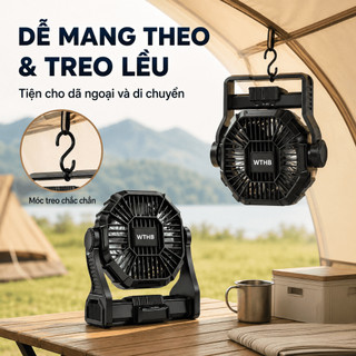 Quạt tích điện cắm trại A21 năng lượng mặt trời 5200mAh, kèm tấm pin, đèn LED 3 mức, 4 tốc độ, sạc điện thoại khẩn cấp