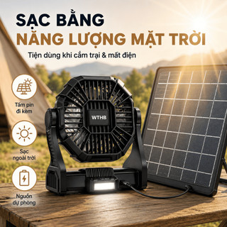 Quạt tích điện cắm trại A21 năng lượng mặt trời 5200mAh, kèm tấm pin, đèn LED 3 mức, 4 tốc độ, sạc điện thoại khẩn cấp