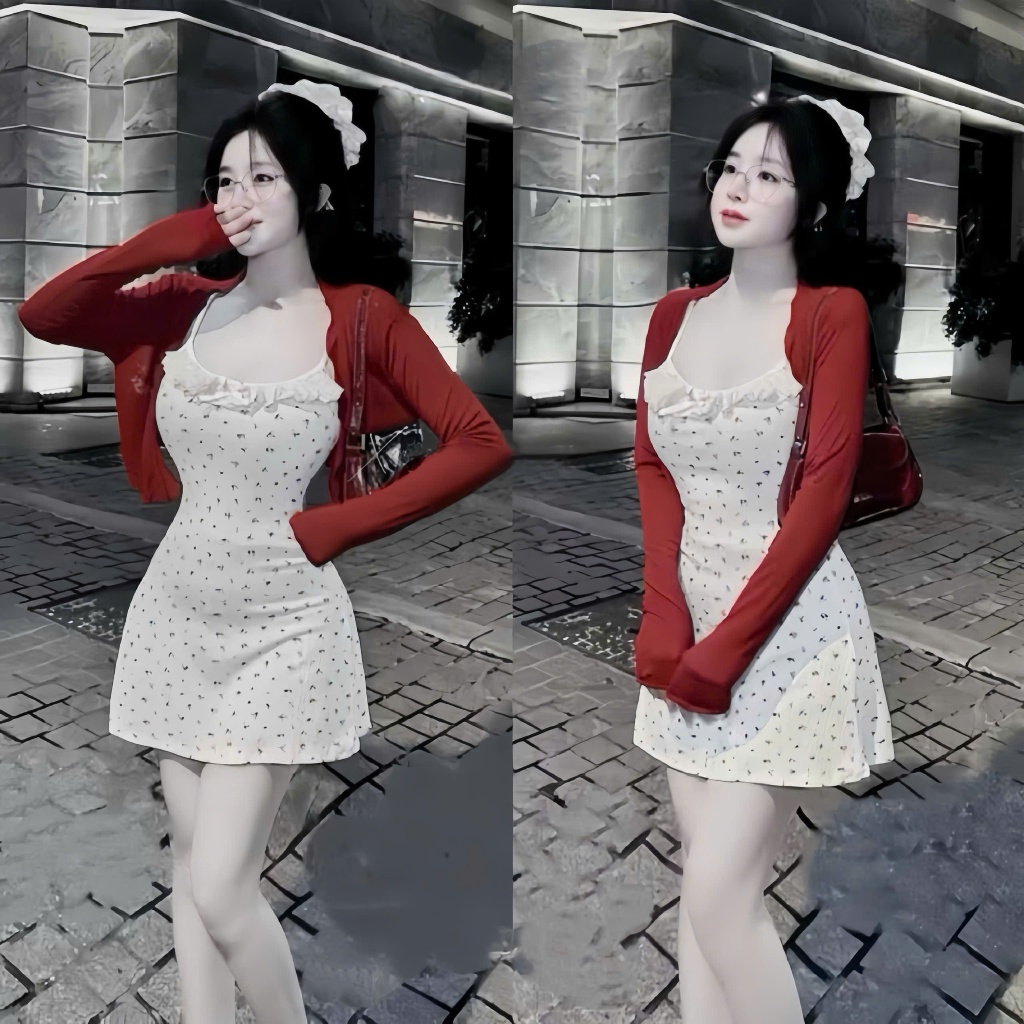 Đầm 2 dây in hoa ngắn ,cổ viền bèo đính nơ có mút chất thun gân phối khoác thun Ladong
