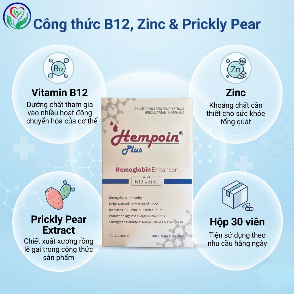 Hempoin Plus B12 Zinc 30 viên bổ sung B12 & Zinc hỗ trợ tạo máu, tăng cường sức khỏe phụ nữ
