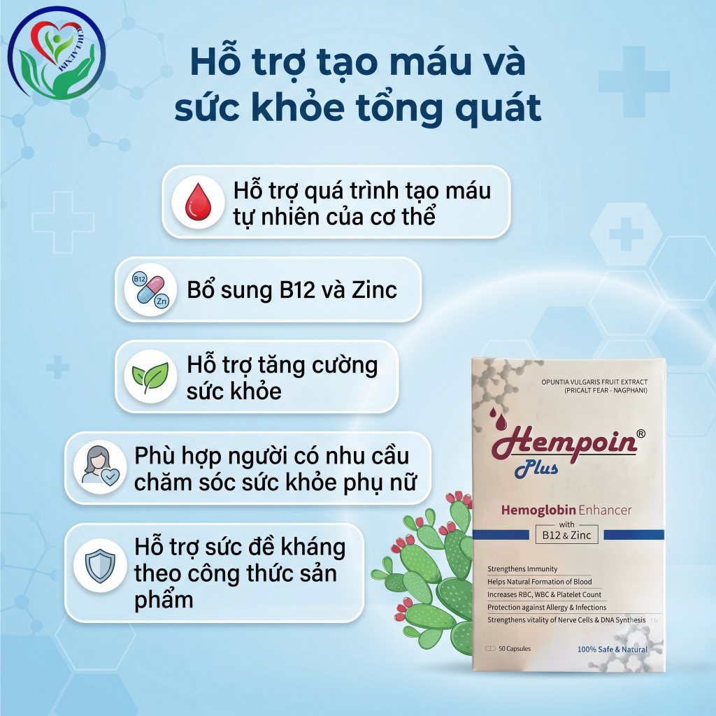 Hempoin Plus B12 Zinc 30 viên bổ sung B12 & Zinc hỗ trợ tạo máu, tăng cường sức khỏe phụ nữ