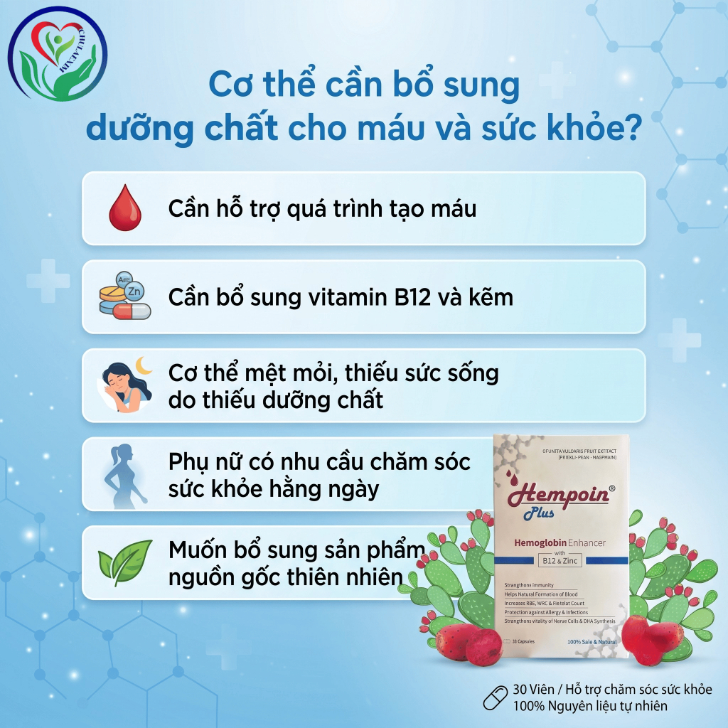 Hempoin Plus B12 Zinc 30 viên bổ sung B12 & Zinc hỗ trợ tạo máu, tăng cường sức khỏe phụ nữ