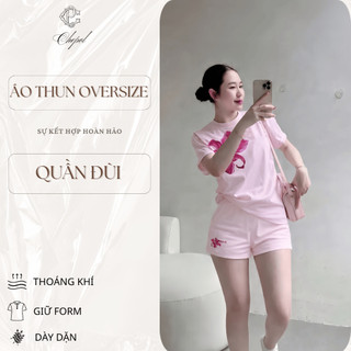 Bộ Áo Phông Nữ Chepol Form Rộng, In Bông Hoa, Cổ Tròn, Phối Quần Đùi, Chất Cotton (Áo Thun Hồng + Quần Đùi Hồng)CP_21964