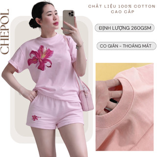 Bộ Áo Phông Nữ Chepol Form Rộng, In Bông Hoa, Cổ Tròn, Phối Quần Đùi, Chất Cotton (Áo Thun Hồng + Quần Đùi Hồng)CP_21964