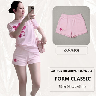 Bộ Áo Phông Nữ Chepol Form Rộng, In Bông Hoa, Cổ Tròn, Phối Quần Đùi, Chất Cotton (Áo Thun Hồng + Quần Đùi Hồng)CP_21964
