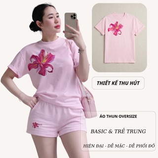 Bộ Áo Phông Nữ Chepol Form Rộng, In Bông Hoa, Cổ Tròn, Phối Quần Đùi, Chất Cotton (Áo Thun Hồng + Quần Đùi Hồng)CP_21964