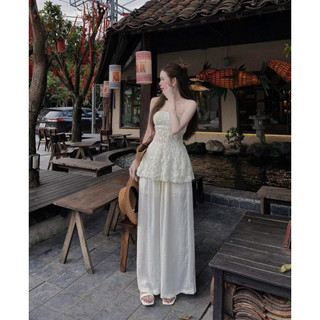 SEP House - Set áo ống ren hoa chiết eo dáng peplum phối quần dài ống rộng lưng chun basic sang trọng - Hàng loại 1