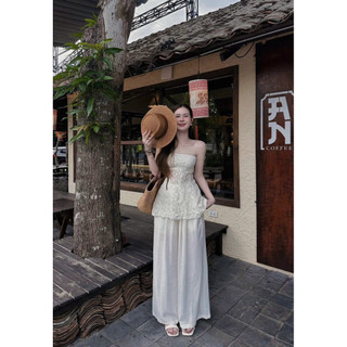SEP House - Set áo ống ren hoa chiết eo dáng peplum phối quần dài ống rộng lưng chun basic sang trọng - Hàng loại 1