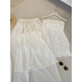 SEP House - Set áo ống ren hoa chiết eo dáng peplum phối quần dài ống rộng lưng chun basic sang trọng - Hàng loại 1