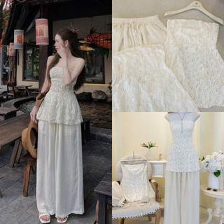 SEP House - Set áo ống ren hoa chiết eo dáng peplum phối quần dài ống rộng lưng chun basic sang trọng - Hàng loại 1