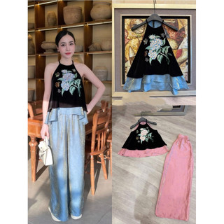 Sét áo nhung the cổ yếm thêu hoa cẩm tú cầu mix bướm đá + quần xuông lụa