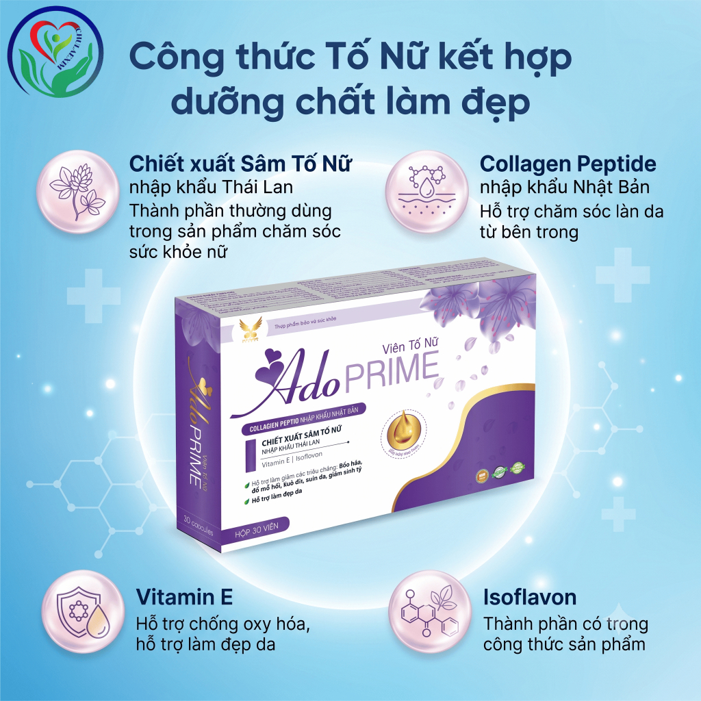 AdoPRIME Viên Tố Nữ 30 viên hỗ trợ nội tiết nữ, giảm bốc hỏa, khô da tuổi tiền mãn kinh, làm đẹp da