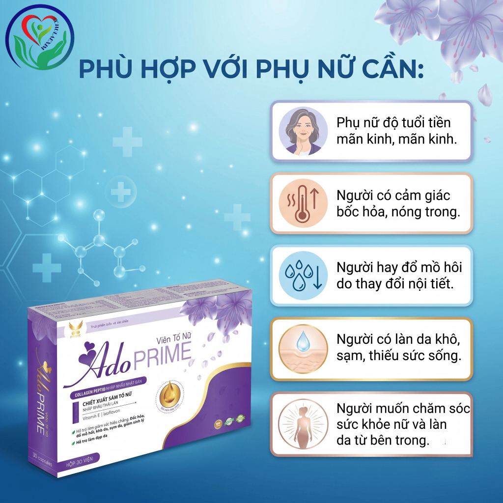 AdoPRIME Viên Tố Nữ 30 viên hỗ trợ nội tiết nữ, giảm bốc hỏa, khô da tuổi tiền mãn kinh, làm đẹp da