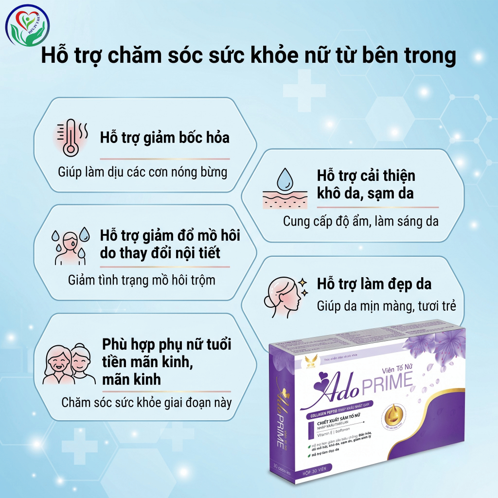 AdoPRIME Viên Tố Nữ 30 viên hỗ trợ nội tiết nữ, giảm bốc hỏa, khô da tuổi tiền mãn kinh, làm đẹp da
