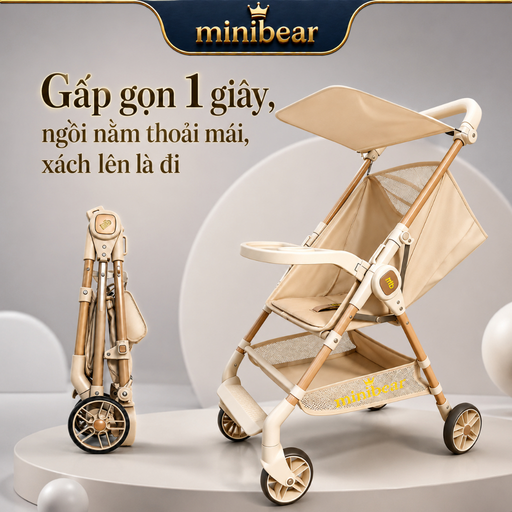 Xe Đẩy Du Lịch Siêu Nhẹ Mini Bear – Gấp Gọn, Cho Bé Sơ Sinh 0-6 Tuổi, Chống Sốc Tốt, Có Sẵn