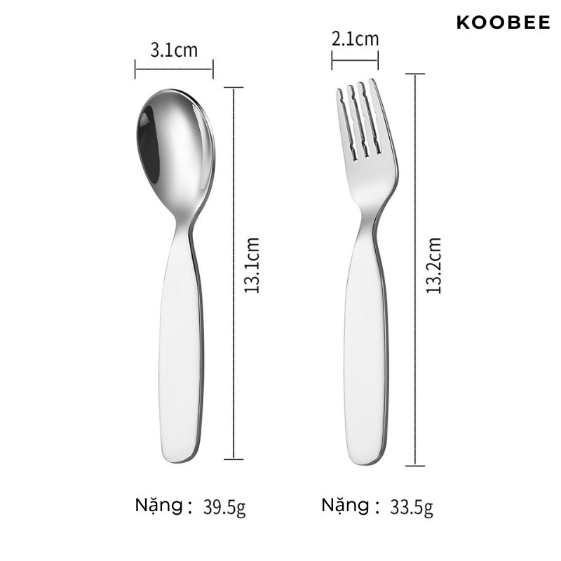 Bộ Thìa Dĩa Ăn Dặm Inox 304 Cho Bé Từ 6 Tháng Tuổi – Đầu Thìa Bo Tròn, Tay Cầm To Bản - An Toàn, Tinh Tế (BA45)