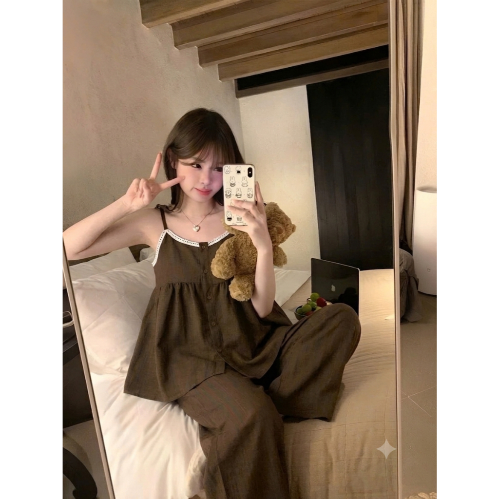 [40-60kg] Bộ Đồ Ngủ Hai Dây Quần Dài Phối Ren Dáng Babydoll - Pijama Mặc Nhà Chất Mát Mùa Hè 2DD01