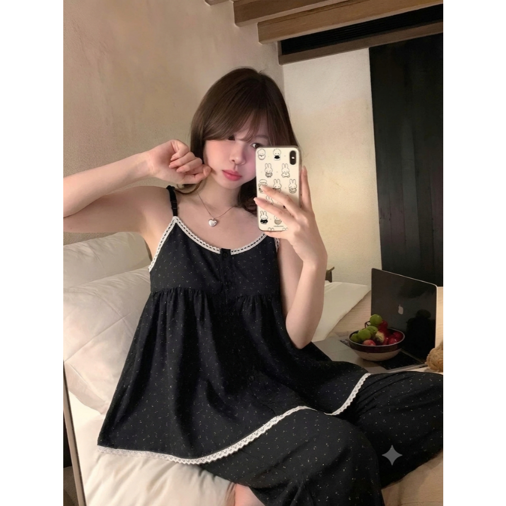 [40-60kg] Bộ Đồ Ngủ Hai Dây Quần Dài Phối Ren Dáng Babydoll - Pijama Mặc Nhà Chất Mát Mùa Hè 2DD01
