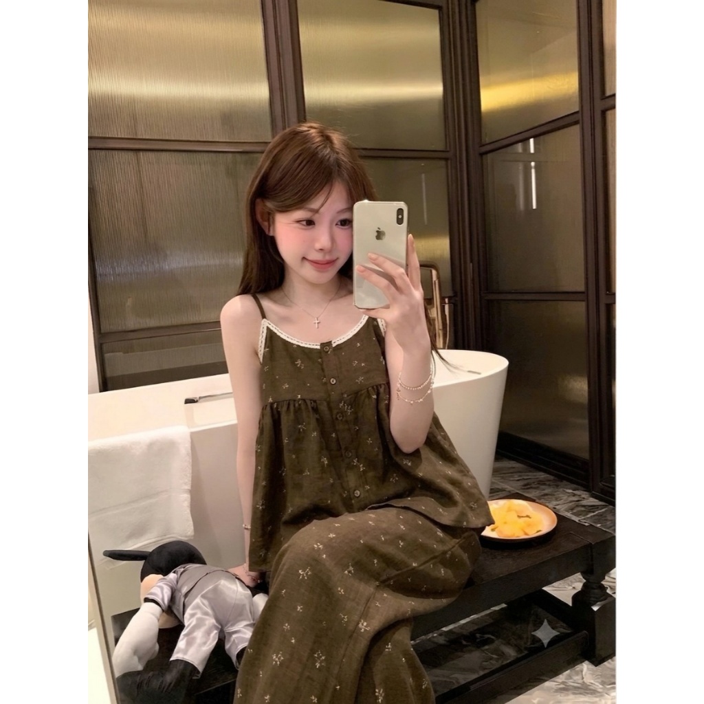 [40-60kg] Bộ Đồ Ngủ Hai Dây Quần Dài Phối Ren Dáng Babydoll - Pijama Mặc Nhà Chất Mát Mùa Hè 2DD01