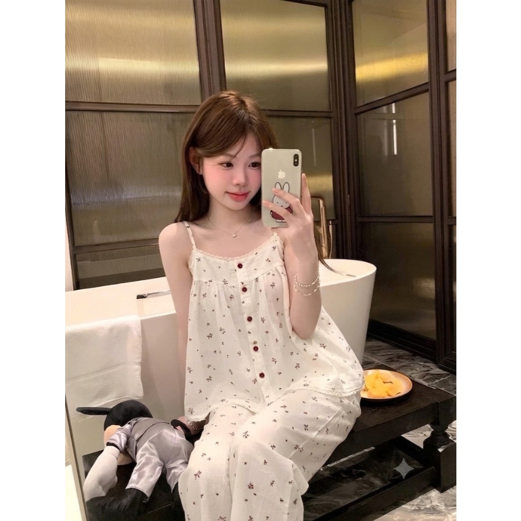 [40-60kg] Bộ Đồ Ngủ Hai Dây Quần Dài Phối Ren Dáng Babydoll - Pijama Mặc Nhà Chất Mát Mùa Hè 2DD01