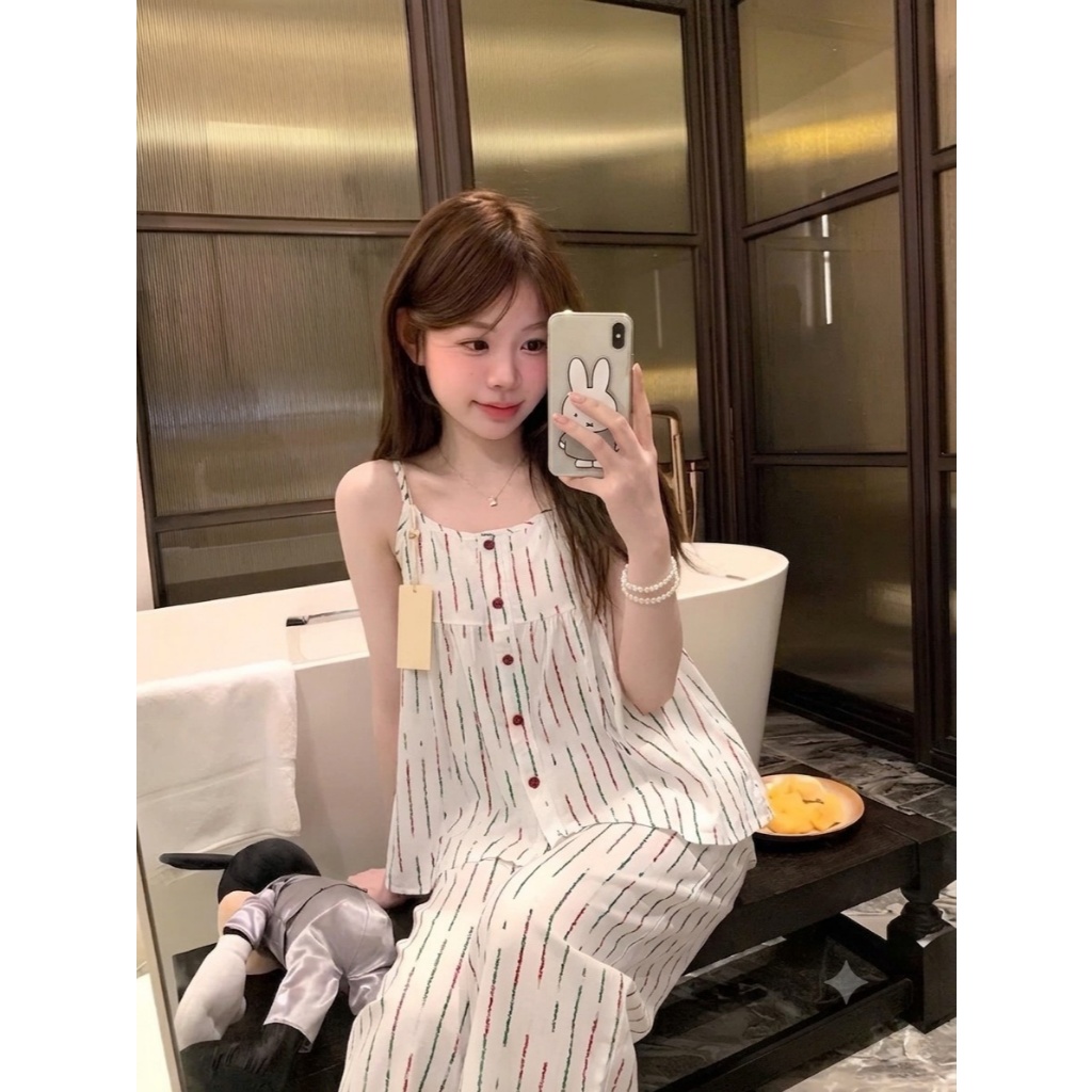 [40-60kg] Bộ Đồ Ngủ Hai Dây Quần Dài Phối Ren Dáng Babydoll - Pijama Mặc Nhà Chất Mát Mùa Hè 2DD01