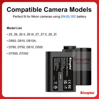 Kingma EN-EL15C 2600mAh Type-C | Pin dung lượng cao Nikon ZR Z63 Z52 Zf Z8 Z5 Z6 Z7 Z6iii V1 D500 D600 D800 el15 el15c
