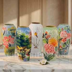 Bình Hoa Gốm Sứ Bát Tràng Cao 30cm Khắc Vẽ Thủ Công Trang Trí Nhà Cửa Phòng Khách Đẹp GomDecorTSC